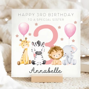 3e anniversaire de soeur, carte animal personnalisée, merveilleuse petite soeur, carte d'anniversaire de petite fille, 3 ans rose, soeur fête ses 3 ans, 3 ans
