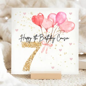 Cousin 7th Pink Balloon Birthday Card, Personalised Cousin 7 Birthday Card, Cousin Pink Seventh Card, Cousin Girl Birthday Card