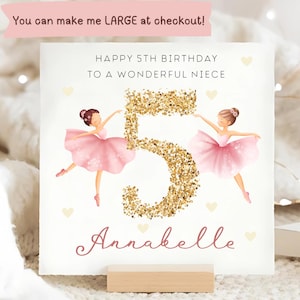 Niece 5th Birthday Personalised Ballerina Card, Child Niece Fifth Birthday Card, Female Niece Is 5 Card, Gold Glitter Number Birthday