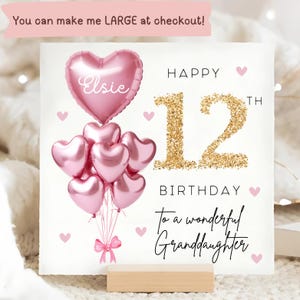 Granddaughter 12th Birthday Personalised Card, Pink Gold Balloon Card, Granddaughter is 12, Twelfth Birthday Gift, Granddaughter Twelve