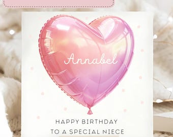 Niece Big Shiny Pink Balloon Birthday Card, Personalised Girly Niece Card, Pink Niece Birthday Gift, Niece Child Card, Personalised Niece