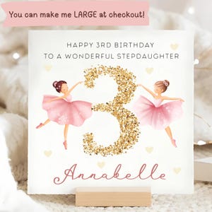 Biglietto personalizzato per il terzo compleanno della figliastra con ballerina, biglietto per il terzo compleanno della figliastra, biglietto per il terzo compleanno della figlia, biglietto con numero glitterato oro
