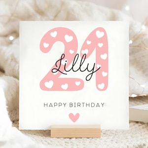 Carte d'anniversaire rose joyeux 21e anniversaire, carte personnalisée de 21e anniversaire, cadeau coeurs 21, carte de 21e anniversaire, 21, 21 ans, pour elle