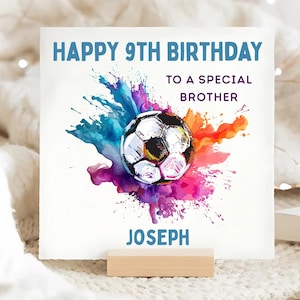 Carte de football de 9e anniversaire frère, carte d'anniversaire personnalisée frère a 9 ans, neuvième carte colorée de football frère, carte spéciale frère