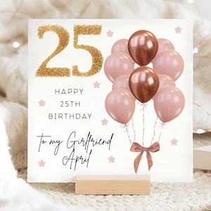 Petite amie 25e anniversaire carte ballon rose marron et or, carte personnalisée petite amie vingt-cinquième anniversaire, petite amie a 25 ans carte
