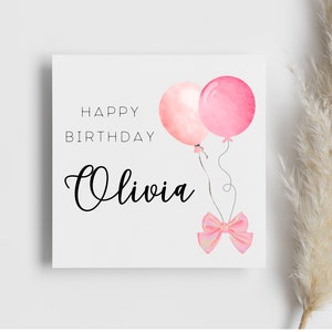 Carte d'anniversaire personnalisée ballon avec noeud rose, cadeau pour son anniversaire, carte pour son anniversaire, fille nièce, petite-fille, pour elle