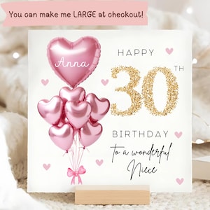 Niece 30th Birthday Personalised Card, Pink Gold Balloon Card, Niece is 30, Thirtieth Birthday Gift, Niece 30th Birthday Card, Lovely Niece