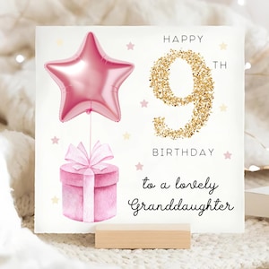 Carte d'anniversaire petite-fille 9 ans, carte ballon étoile feuille rose, petite-fille a 9 ans, carte d'anniversaire petite-fille neuvième, petite-fille a neuf ans