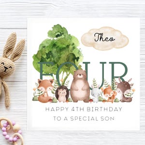 4e anniversaire de fils, carte d'animal des bois personnalisée, quatre fils personnalisé, quatrième carte d'anniversaire de fils, belle carte d'anniversaire de fils, fils a 4 ans