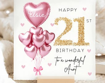 Aunt 21st Birthday Personalised Card, Pink Gold Balloon Card, Aunt is 21, Twenty-First Birthday Gift, Aunt 21st Birthday Card