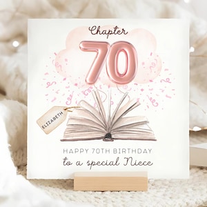 Puede incluir: Tarjeta de cumpleaños con una ilustración en acuarela. La tarjeta presenta un globo rosa con el número 70, un libro y el texto "Happy 70th Birthday to a special Niece". Una etiqueta con el nombre "Elizabeth" cuelga del libro.