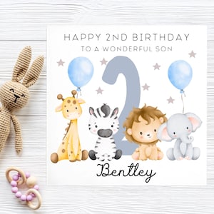 Tarjeta personalizada para el segundo cumpleaños de mi hijo, tarjeta de cumpleaños con animales de la jungla para mi hijo, tarjeta para cumplir 2 años, tarjeta para el segundo cumpleaños de mi hijo, de mamá, de papá, con amor