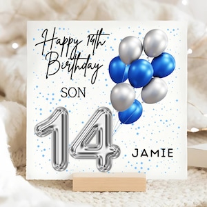 Son 14th Birthday Balloon Card, Personalised 14 Year Old Boy Card, Son Turns Fourteen Card, Blue Foil Balloon Card, 14th Birthday