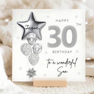 Carte personnalisée de 30e anniversaire de fils, carte ballon gris argenté, fils a 30 ans, cadeau de son trentième anniversaire, carte de 30e anniversaire de fils
