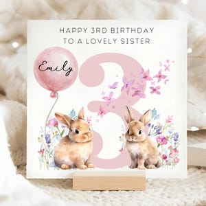 Carte personnalisée 3e anniversaire de soeur, carte d'anniversaire 3e lapin et papillon, soeur personnalisée fête ses trois ans, soeur 3 ans