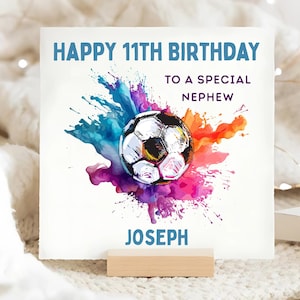 Carte de football 11e anniversaire de neveu, carte d'anniversaire personnalisée de neveu a 11 ans, carte colorée de football onzième de neveu, carte spéciale de neveu