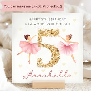 Cousin 5th Birthday Personalised Ballerina Card, Child Cousin Fifth Birthday Card, Female Cousin Is 5 Card, Gold Glitter Number Birthday