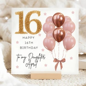 Carte de 16e anniversaire fille rose marron et ballon or, carte personnalisée fille seizième anniversaire, carte fille a 16 ans