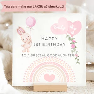 Carte d'anniversaire rose arc-en-ciel pour filleule, première carte d'anniversaire de filleule personnalisée, carte d'anniversaire de 1 ans pour filleule, lapin