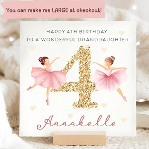 Granddaughter 4th Birthday Personalised Ballerina Card, Child Granddaughter Fourth Birthday Card, Granddaughter Is 4 Card, Gold Glitter