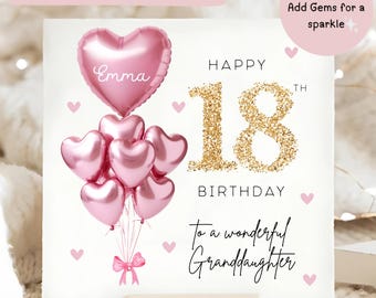 Granddaughter 18th Birthday Personalised Card, Pink Gold Balloon Card, Granddaughter is 18, Eighteenth Birthday Gift, 18th Card