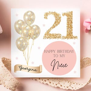 Carte ballon or 21 ans nièce, carte 21 ans nièce personnalisée, joyeux 21e anniversaire, cadeau nièce pour l'âge de 21 ans, carte d'anniversaire nièce