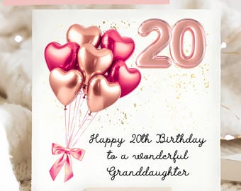 Kleindochter 20e verjaardag roségoudroze verjaardagskaart, gepersonaliseerde verjaardagskaart 20 kleindochters, hartballon kleindochterkaart