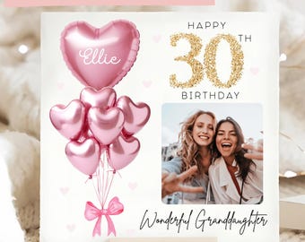 Carte personnalisée d'anniversaire de petite-fille 30e, carte de ballon d'or rose d'image personnalisée, petite-fille a 30 ans, petite-fille trentième carte
