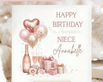 Niece Champagne Rose Gold Gems Birthday Card, Personalised Niece Card, Happy Birthday Niece Card, Niece Pink Balloon Birthday