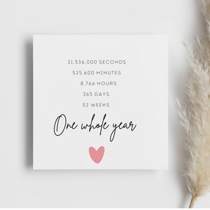 One Whole Year stats anniversary card, minutes hours, days weeks, together for one year card, gift for husband, gift for wife, couple 1 year