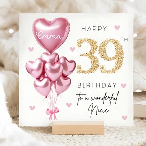 Carte personnalisée de 39e anniversaire de nièce, carte ballon en or rose, nièce a 39 ans, cadeau de trente-neuvième anniversaire, carte de 39e anniversaire de nièce
