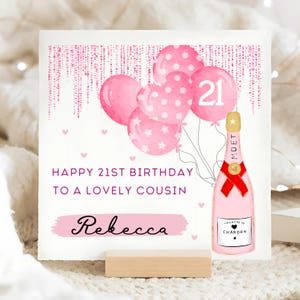 Cousin 21st Birthday Pink Champagne Card, Personalised Cousin 21 Card, Turning 21 Card, Cousin Twenty-One Card, Cousin 21, Cousin Card