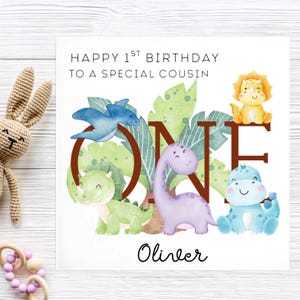 Cousin 1st Dinosaur Birthday Card, Personalised Cousin Dino Card, Cousin First Birthday Card, Cousin Turns One Jurassic, Lovely Baby Cousin