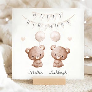 Carte d'anniversaire de jumeaux bébé ours, carte d'anniversaire de jumeaux personnalisée, carte d'anniversaire d'enfants jumeaux, jumeau garçon, jumelle fille, carte spéciale bébé jumeaux