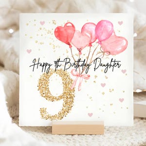 Carte d'anniversaire ballon rose fille 9 ans, carte d'anniversaire fille 9 ans personnalisée, neuvième carte fille rose, cadeau fille 9 ans