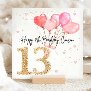Cousin 13th Pink Balloon Birthday Card, Personalised Cousin 13 Birthday Card, Cousin Pink Thirteenth Card, Cousin Thirteen Gift, Teenager