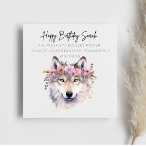 Spirit Wolf Birthday Card, Personalised card, gift for her, gift for him, brave power, loyalty, strong, animal card, spiritual card, flowers