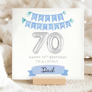 Dad 70th Blue Banner Birthday Card, Personalised Dad Is 70 Card, Daddy Seventieth Card, Papa 70th Birthday Gift, Lovely Pops, Dad Birthday