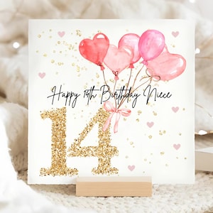 Carte d'anniversaire ballon rose nièce 14, carte d'anniversaire nièce 14 personnalisée, nièce rose quatorzième carte, carte d'anniversaire nièce quatorze