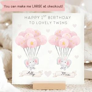 Twins 1st Birthday Pink Elephants Card, Personalised Twin Baby Girls Birthday Card, Twin First Birthday Card, Twins Turning 1, Lovely Twins