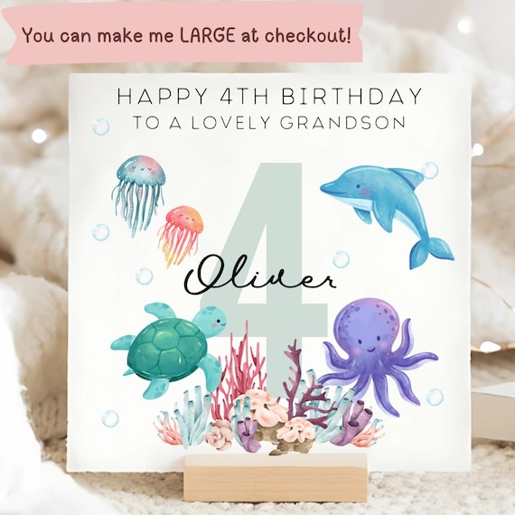 Grandson 4th Birthday Under The Sea Card, Personalised Sea Animal Third Birthday, Grandson 4 Year Old Card, Grandson Is 4 Years Old