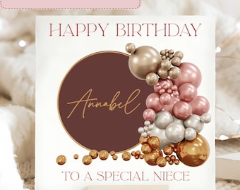 Niece Balloon Arch Birthday Card, Niece Gold Brown Pink Balloons, Niece Birthday Card, Personalised Niece Birthday Card, Niece Birthday Gift