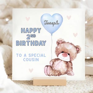Cousin 2nd Birthday Bear & Balloon Card, Personalised Cousin Second Birthday Card, Cousin Baby Turns 2, Cousin Is Two Years Old Gift