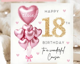 Cousin 18th Birthday Gems Personalised Card, Pink Gold Balloon Card, Cousin is 18, Eighteenth Birthday Gift, Cousin 18th Birthday, Eighteen