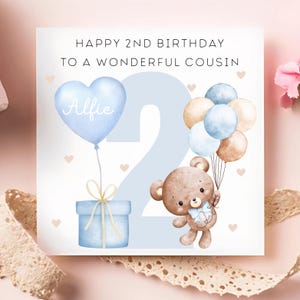 Tarjeta de oso azul para el segundo cumpleaños de mi primo, regalo personalizado para el segundo cumpleaños de mi primo, cumple 2 años