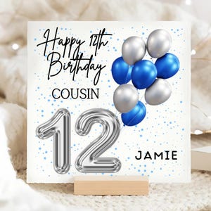Cousin 12th Birthday Balloon Card, Personalised 12 Year Old Boy Card, Cousin Turns Twelve Card, Blue Foil Balloon Card, Gift For Cousin