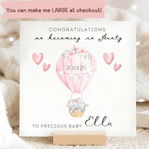 Congrats On Becoming An Aunty Card, To A Baby Girl Card, Personalised Aunt Card, New Niece Card, Congratulations To Aunt, Pink Elephant Card
