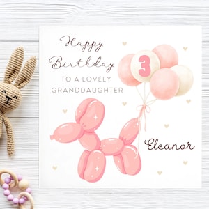 Granddaughter 3rd Birthday Balloon Dog Card, Personalised 3rd Granddaughter Card, Lovely Granddaughter Gift, Granddaughter Girl Third Card