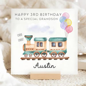 3e anniversaire de petit-fils train, carte de troisième anniversaire personnalisée, troisième carte d'anniversaire de petit-fils, petit-fils fête ses trois ans, petit-fils de 3 ans