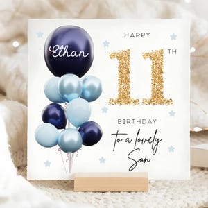 Tarjeta personalizada para el 11.º cumpleaños de mi hijo, tarjeta con globo azul y dorado, regalo para su undécimo cumpleaños, tarjeta para su undécimo hijo, preciosa tarjeta de cumpleaños para su hijo.